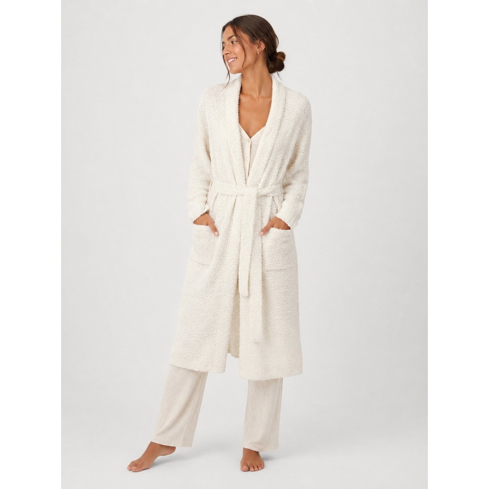 SKIMS Cozy Knit Robe Bone White Boucle Long Cardigan Belted S M